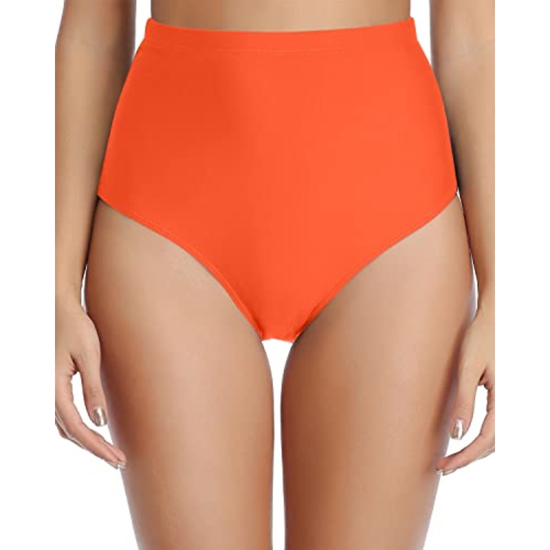 Ladies Tummy Control High Waisted Bikini Bottoms-Neon Orange