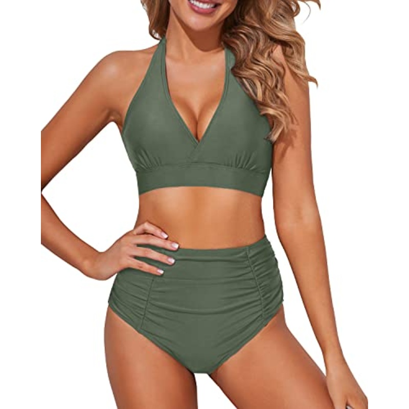 Push Up Halter Bikini Set Tummy Control Ruched High Waisted Bikini-Olive Green