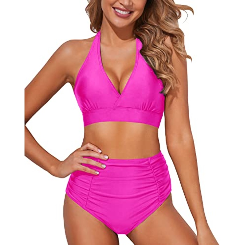 Push Up Halter Tummy Control Swimsuits 2 Piece Bikini Bathing Suits-Neon Pink