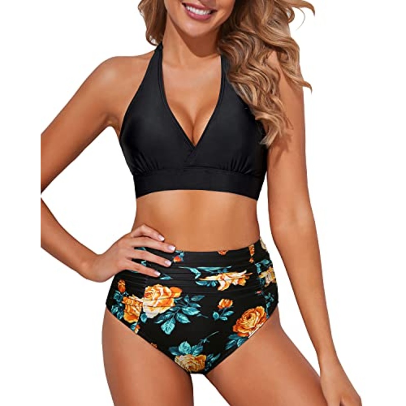 Push Up Halter Tummy Control Two Piece High Waisted Bikini Set-Black Floral