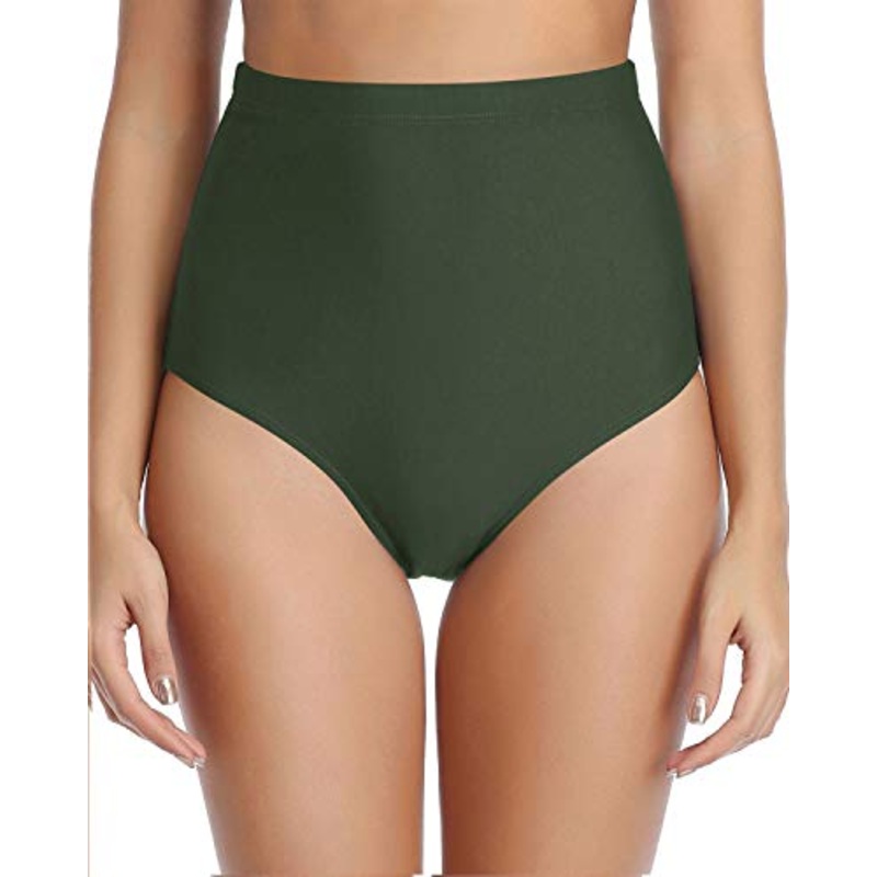Retro High Waisted Tummy Control Swimsuit Bottoms-Olive Green