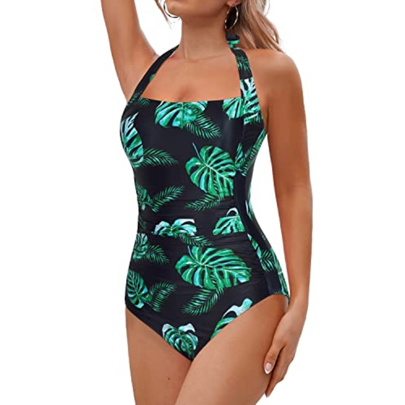Retro Tummy Control Bathing Suits Tummy Control One Piece Swimsuits-Black And Green Leaf