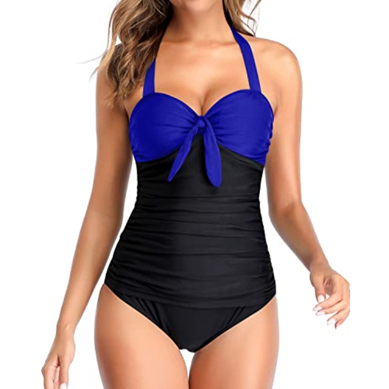 Retro & Vintage Ruching Swimming Suits Halter Bathing Suits For Women-Royal Blue And Black