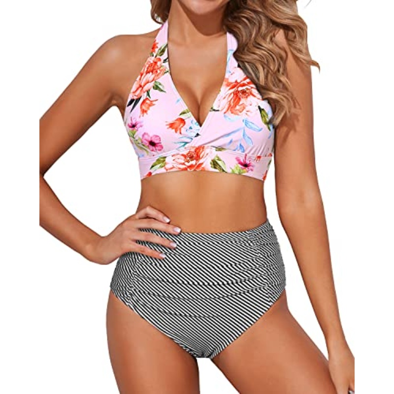 Ruched High Waisted Two Piece High Waisted Bikini Set-Light Pink Stripe