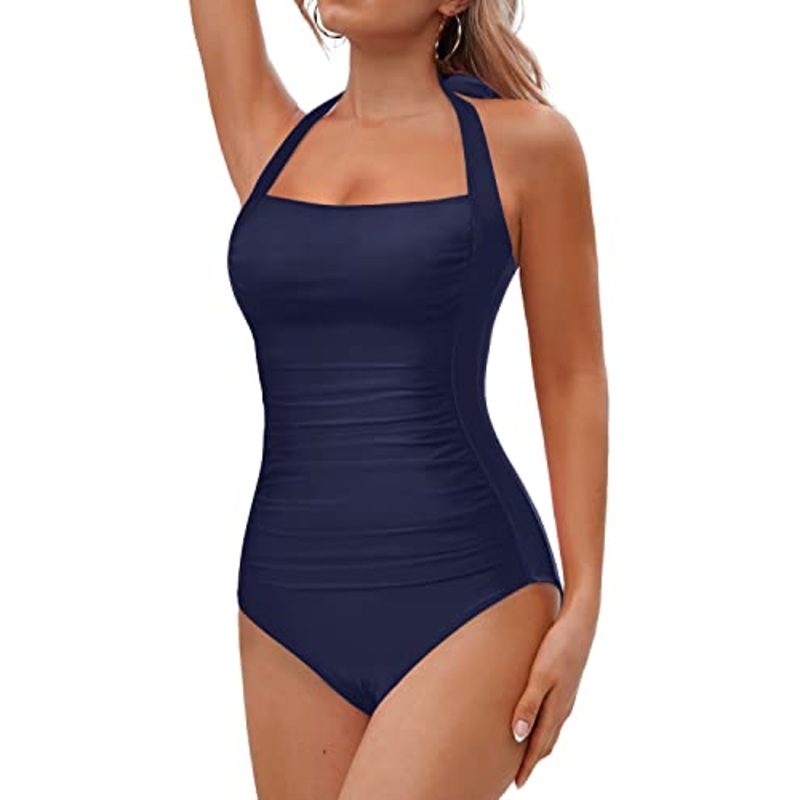 Ruched Shaping Design Full Coverage Swimwear Tummy Control One Piece Swimsuits-Navy Blue