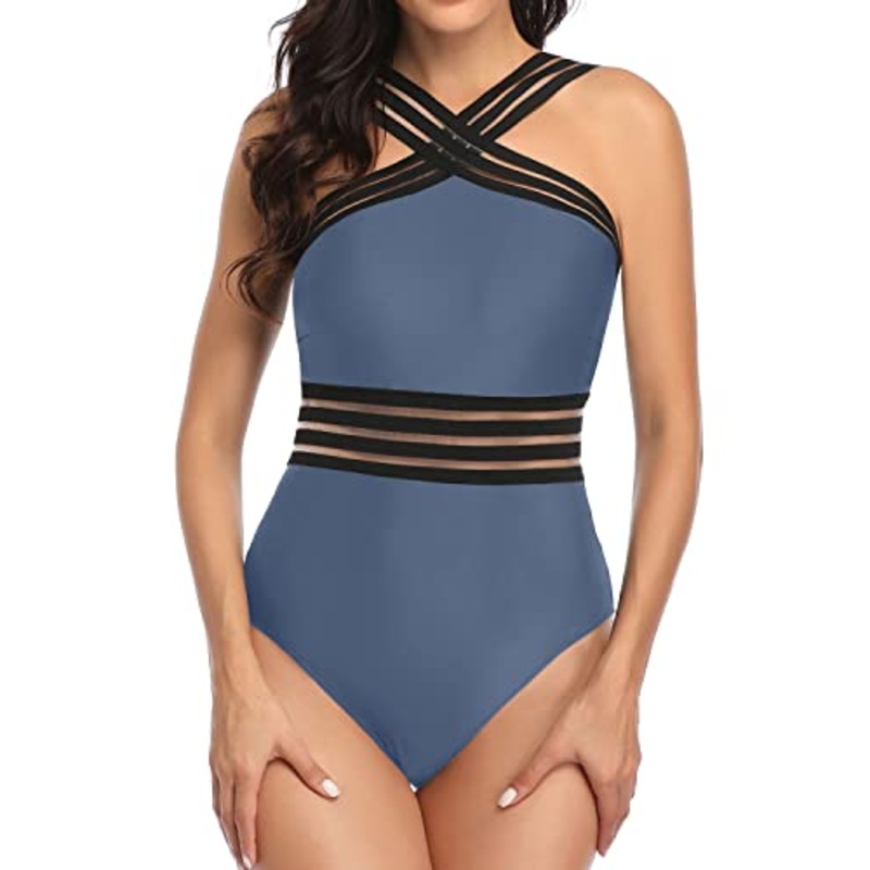 Sexy Crisscross Mesh Straps One Piece Tummy Control Bathing Suit-Grey