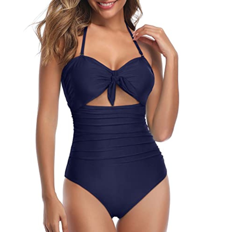 Sexy Cutout One Piece Retro High Waist Swimsuits-Navy Blue