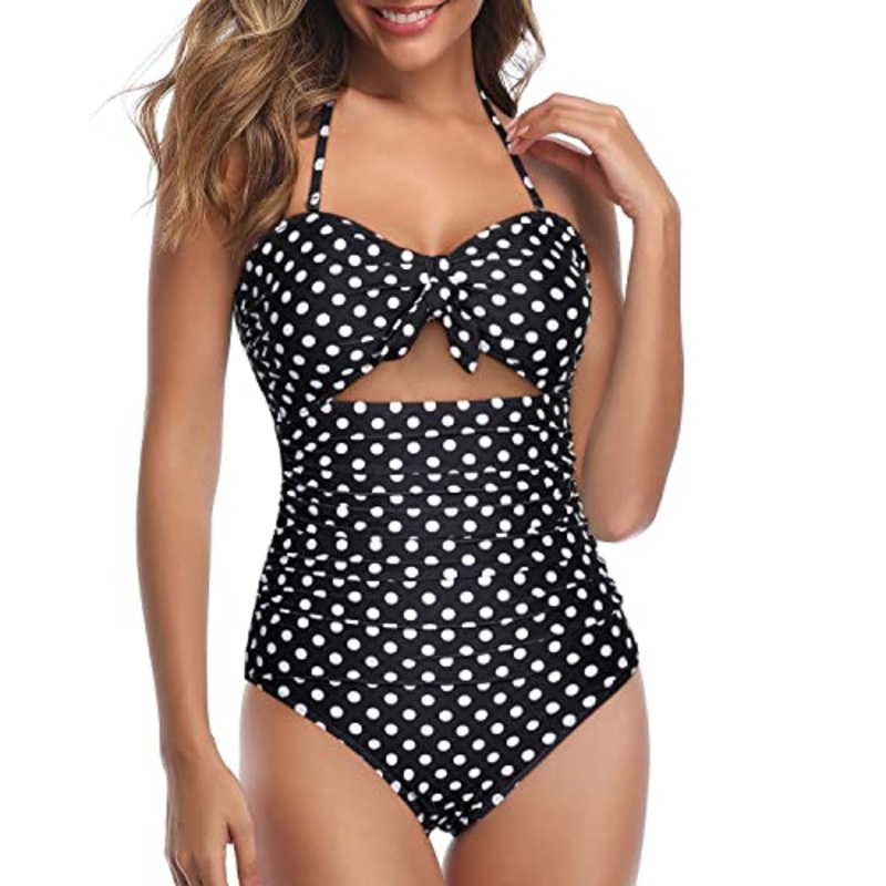 Sexy Cutout Tummy Control High Waisted Swimsuits-Black Dot