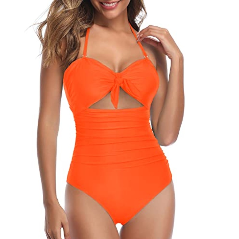 Sexy Cutout Tummy Control Retro High Waist Swimsuits-Neon Orange