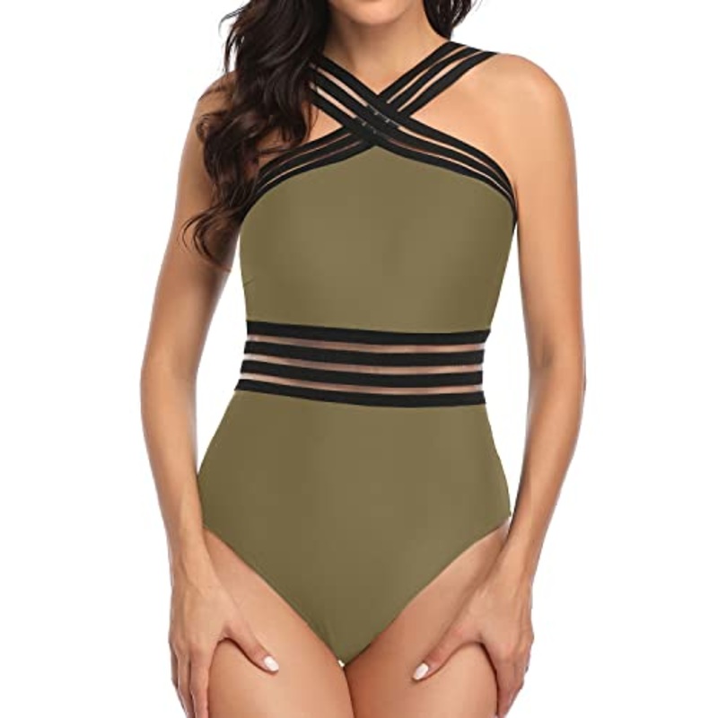 Sexy Shoulder Curve One Piece Tummy Control Bathing Suit-Olive Green