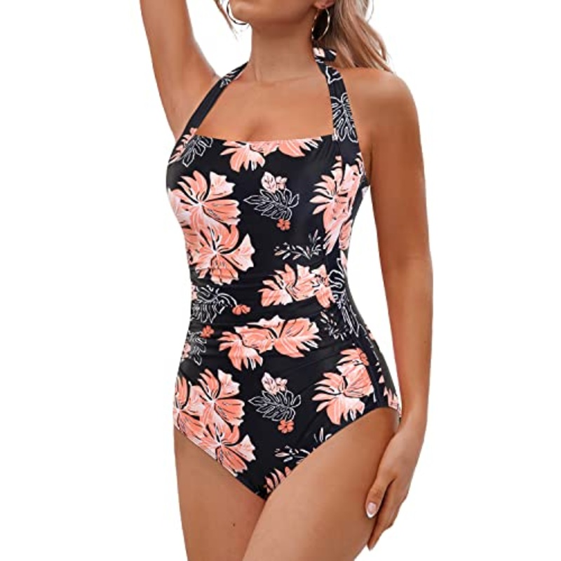 Slimming & Flattering One Piece Swimsuits Tummy Control One Piece Swimsuits-Black Orange Floral