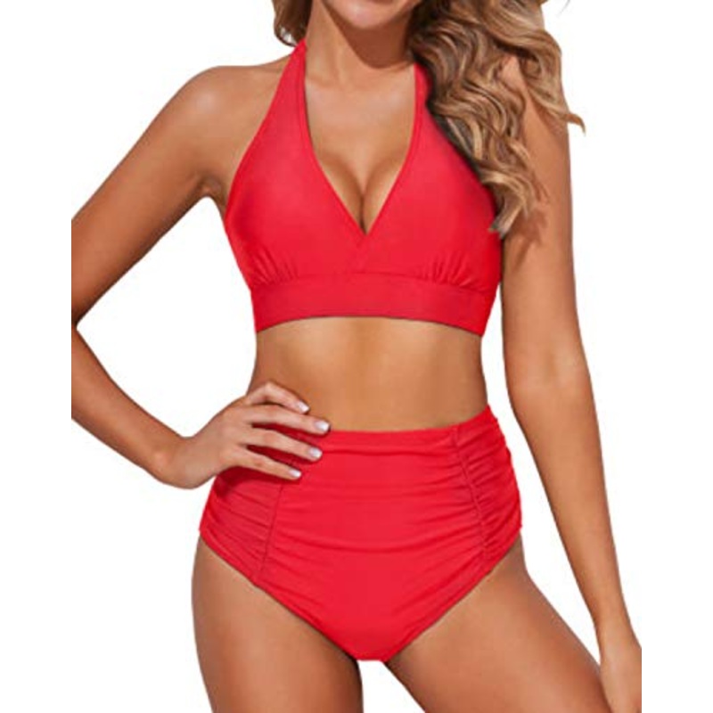 Slimming Ruched High Waisted Swimsuits 2 Piece Bikini Bathing Suits-Neon Red