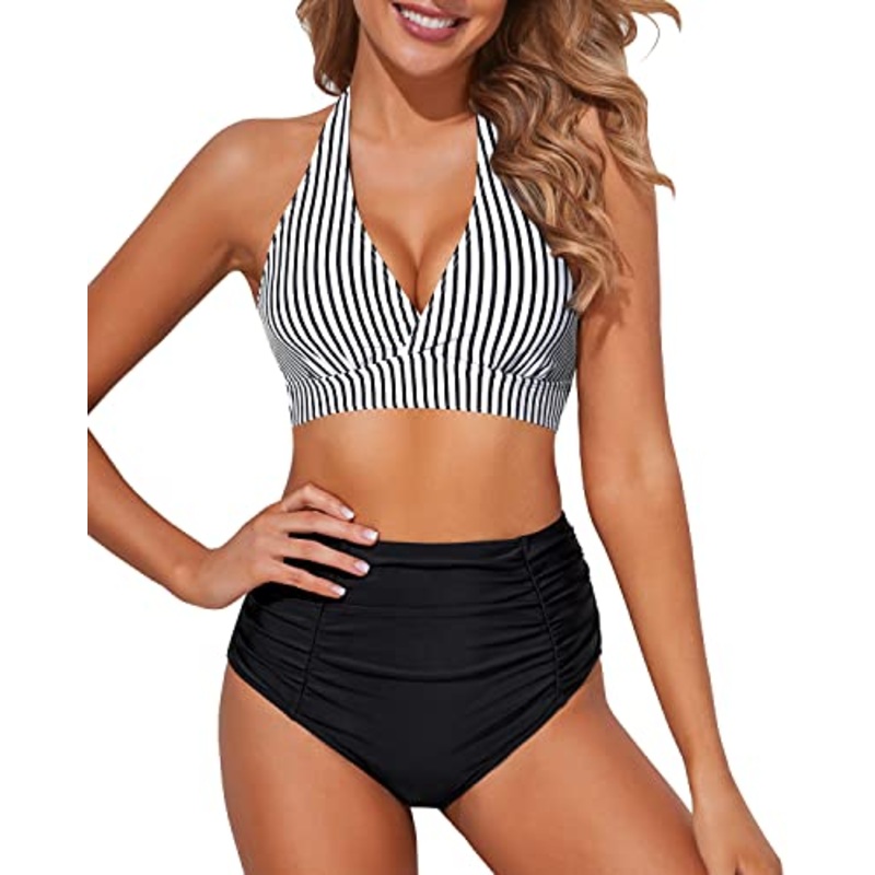 Slimming Ruched Two Piece High Waisted Bikini Set-Black And White Stripe