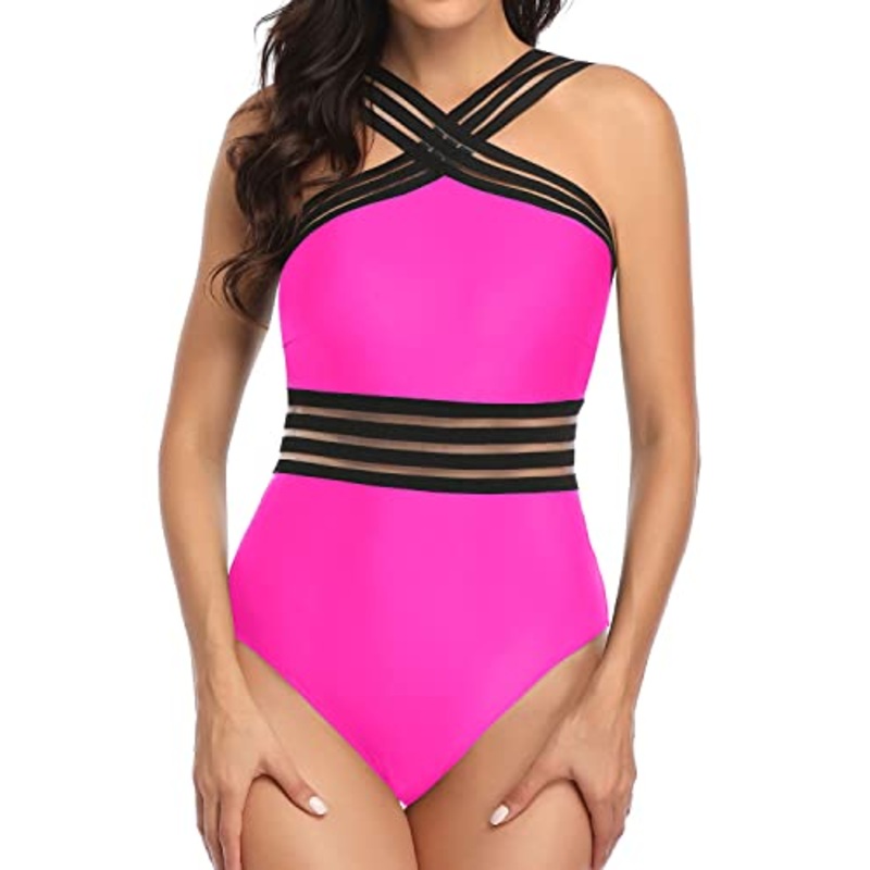 Slimming Silhouette One Piece Front Crossover Swimwear-Neon Pink