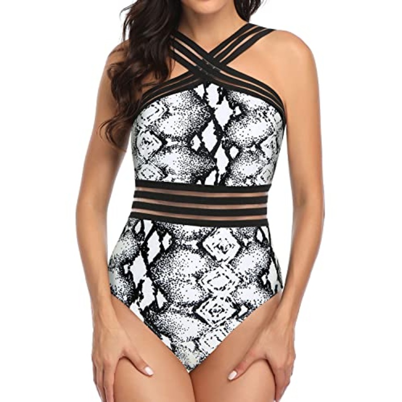 Slimming Silhouette One Piece Tummy Control Bathing Suit-Black And White Snake Print