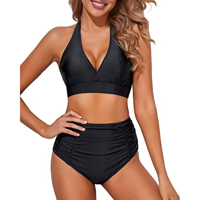 Strappy Two Piece High Waisted Bikini Push Up Halter Bikini Set-Black
