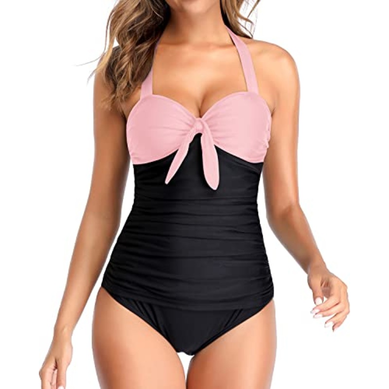 Stylish Bowknot Ruched Slimming One Piece Swim Suit-Pink And Black