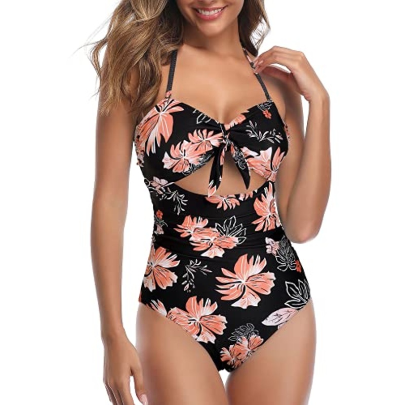 Stylish Cutout Retro High Waist Swimsuits-Black Orange Floral