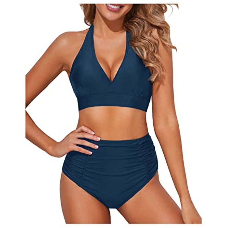 Stylish Double Buckles Two Piece High Waisted Bikini Set-Teal