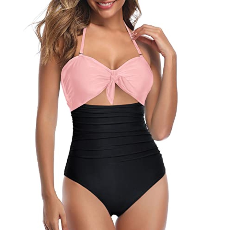 Stylish High Waisted Halter Sexy Cutout One Piece Swimsuits-Pink And Black