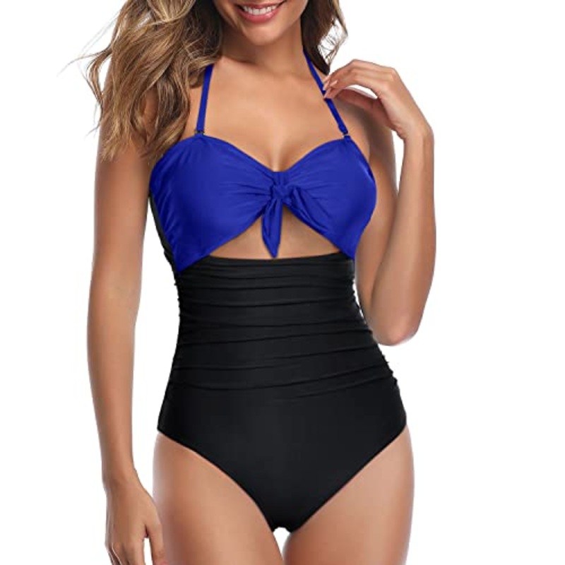 Stylish High Waisted One Piece Swimsuits Halter Backless One Piece Swimsuits-Royal Blue And Black