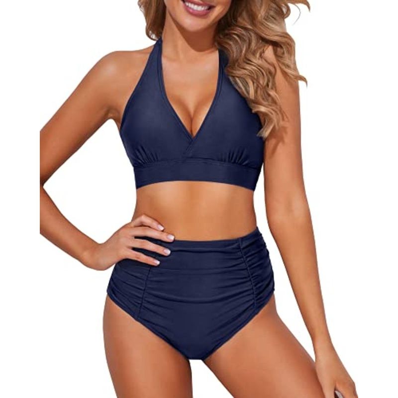 Summer Beachwear Two Piece Bikini Halter Top And Ruched High Waisted Bikini-Navy Blue