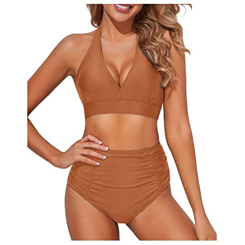 Summery Halter Two Piece High Waisted Bikini Set-Brown