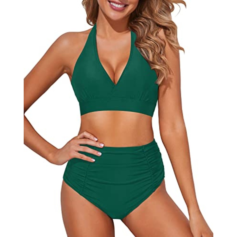Sweetheart Self Tie Two Piece High Waisted Bikini Set-Emerald Green