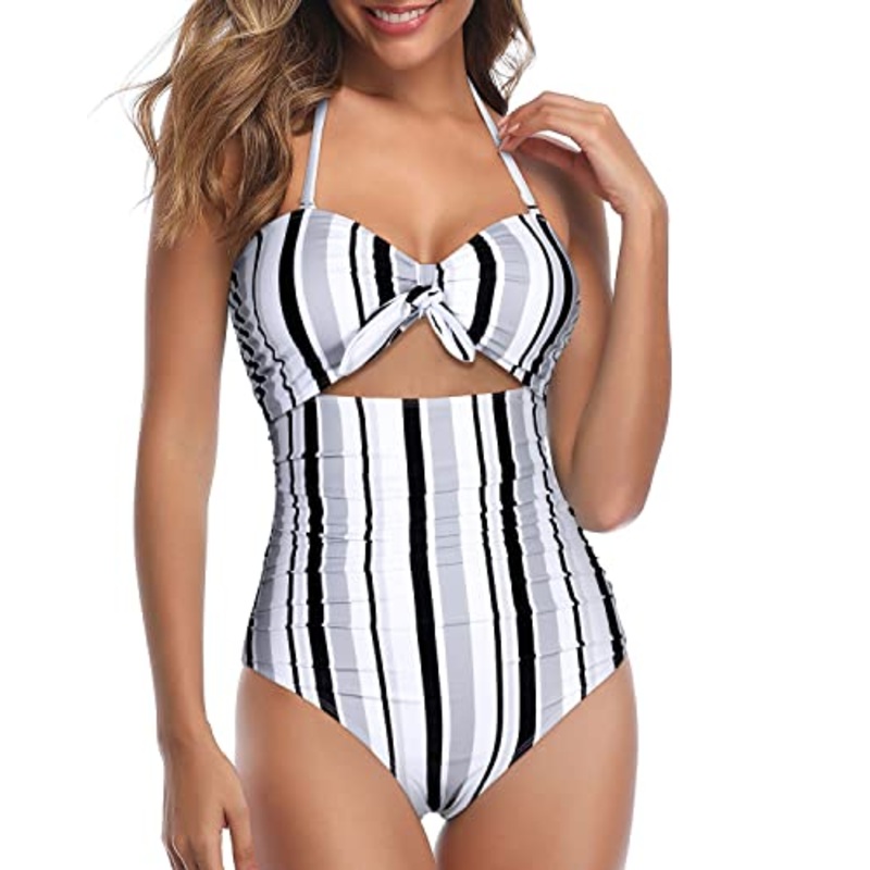 Tie Up Closure Sexy Cutout One Piece Swimsuits-Black White Gray S