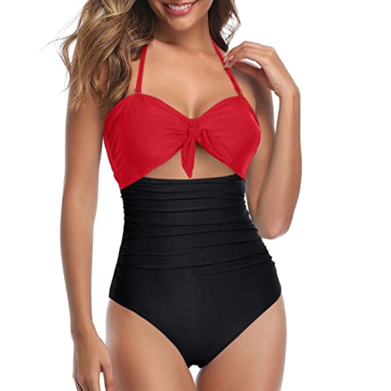 Tummy Control Halter Swimsuit Halter Backless One Piece Swimsuits-Neon Red