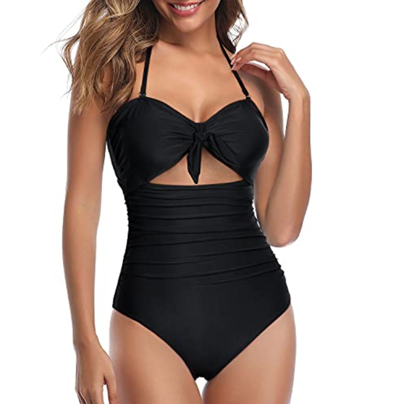 Tummy Control High Waisted Halter Sexy Cutout One Piece Swimsuits-Black