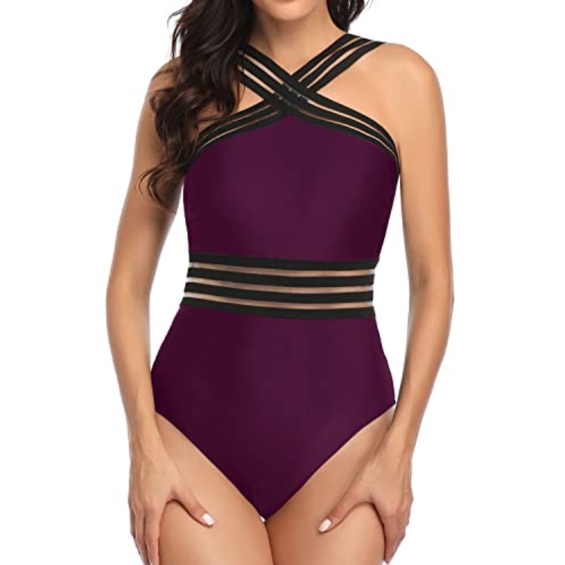 Tummy Control Mesh Panel Crisscross One Piece Swimsuit-Maroon