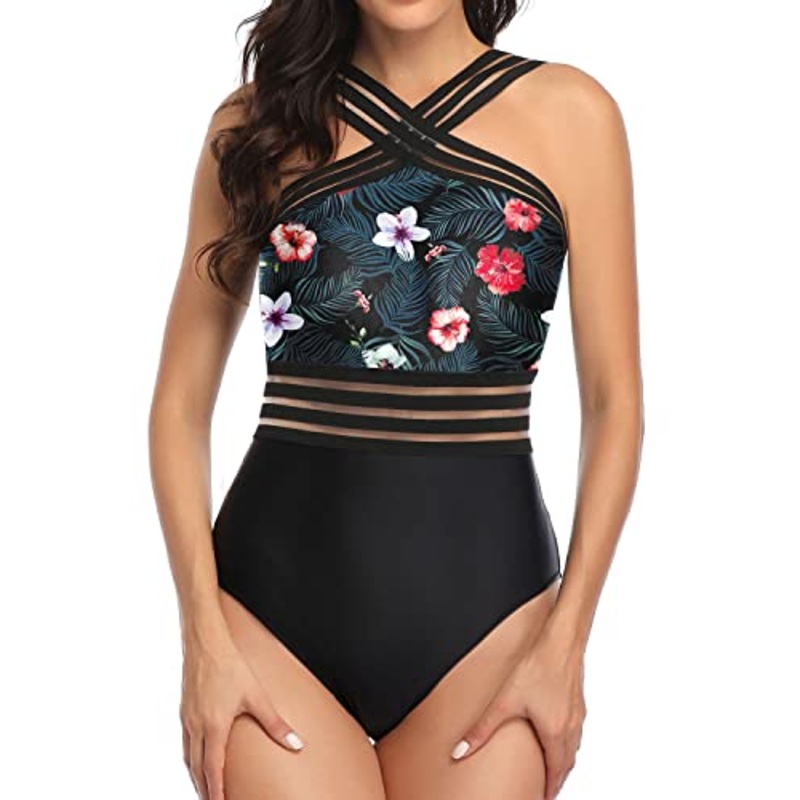 Tummy Control Mesh Panel One Piece Front Crossover Swimwear-Black Floral