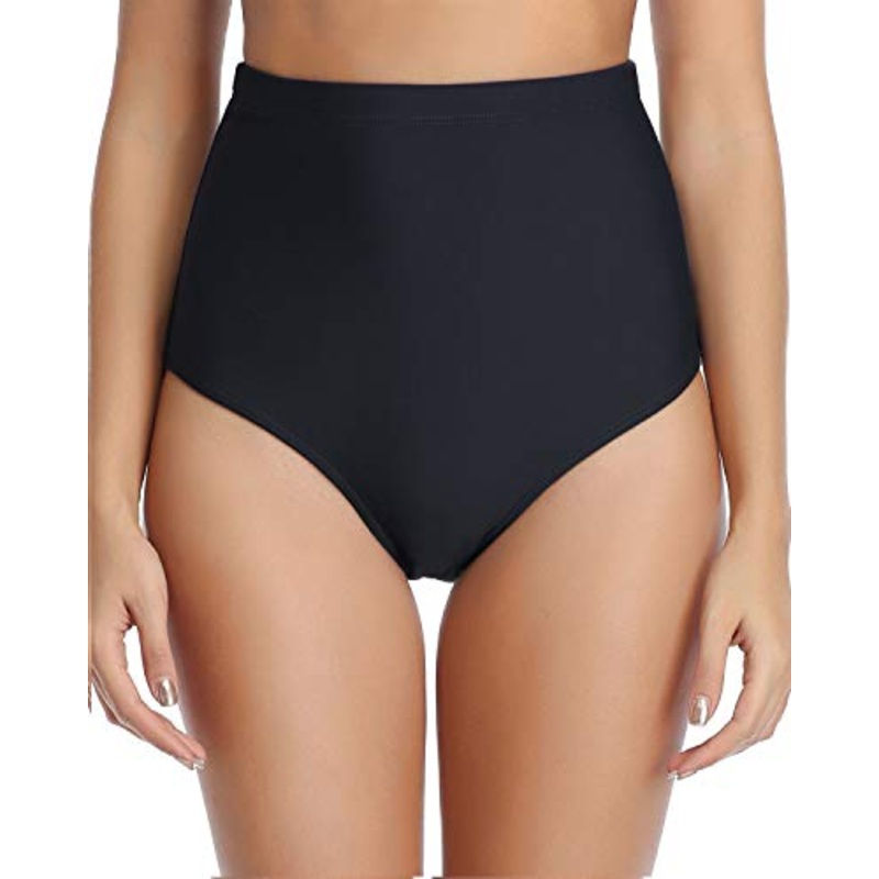 Tummy Control Swimsuit Bottoms Retro High Waisted Bikini Bottoms-Black