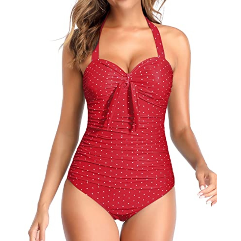 Tummy Control Swimsuits For Women Halter Bathing Suits For Women-Red Dot