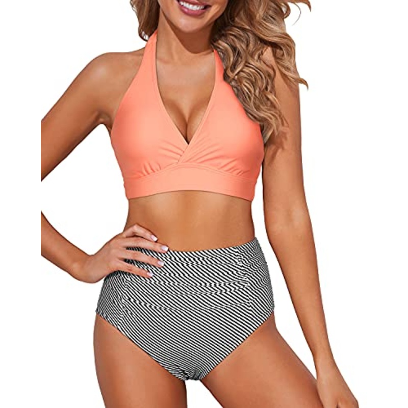 Tummy Control Two Piece High Waisted Bikini Set-Coral Pink Stripe