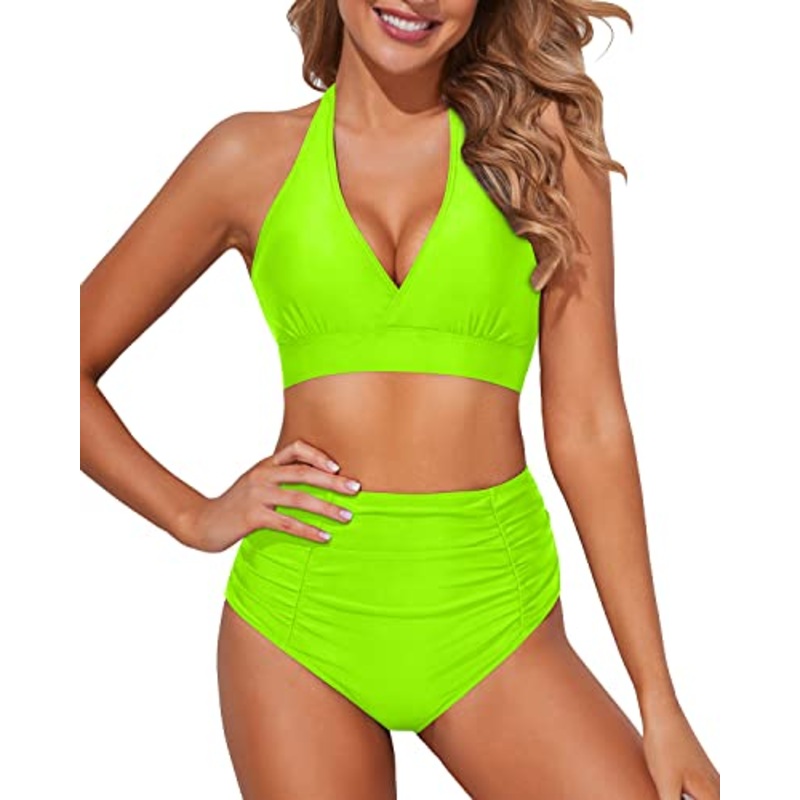 Two Piece Bathing Suit Halter Neckline And Ruched High Waisted Bikini-Neon Green