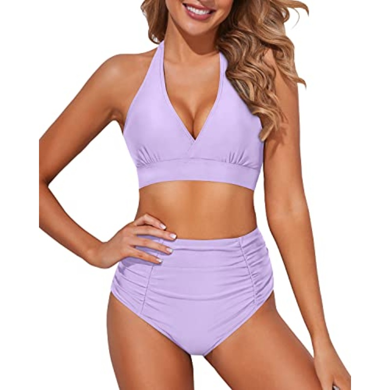 Two Piece Bikini Set Adjustable Buckles 2 Piece Bikini Bathing Suits-Light Purple