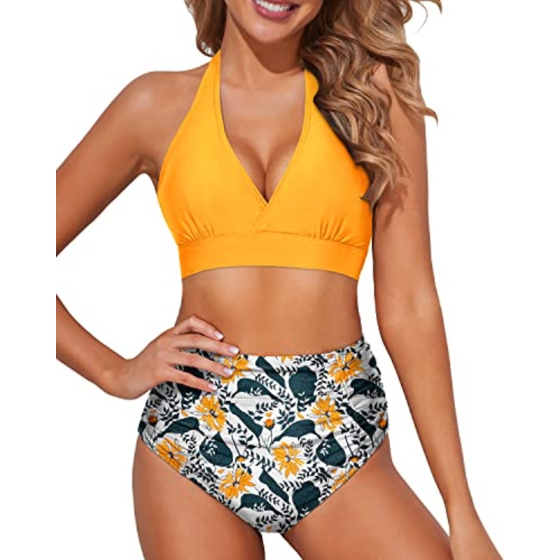 Two Piece Bikini Swimsuits Removable Padding Women's Bikini Swimsuits-Yellow Floral