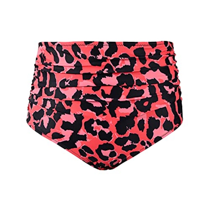 Versatile Women High Waisted Bikini Bottom Retro Ruched Swim Short-Red Leopard