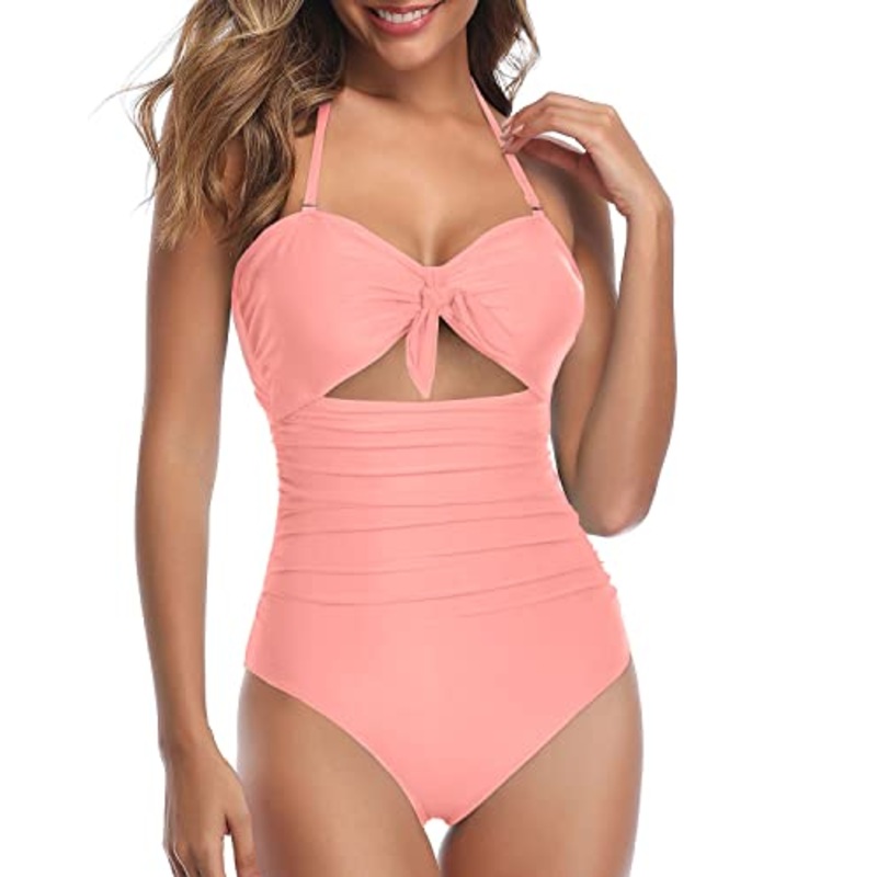 Vintage Tie Knot Pattern Sexy Cutout One Piece Swimsuits-Coral Pink