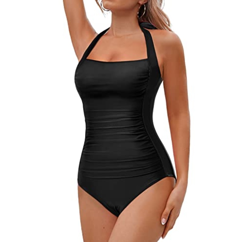 Women Halter Neck Push Up Bathing Suits Tummy Control One Piece Swimsuits-Black