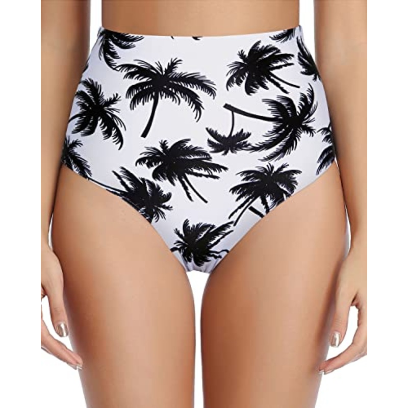 Women's High Waisted Tummy Control Swimsuit Bottoms-Black Palm Tree