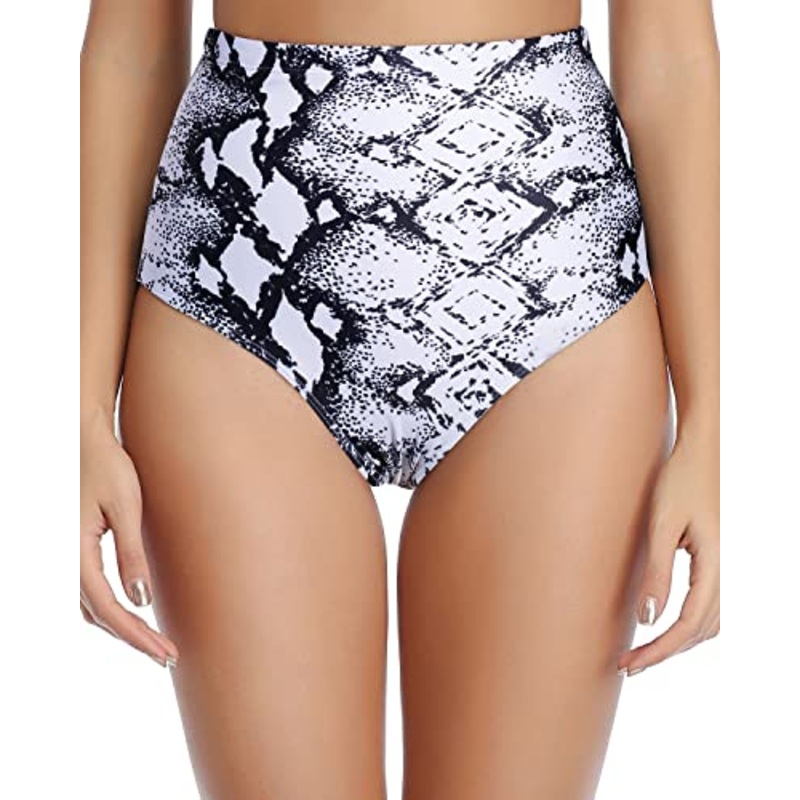 Women's Tummy Control High Waisted Swimsuit Bottoms-Black And White Snake Print