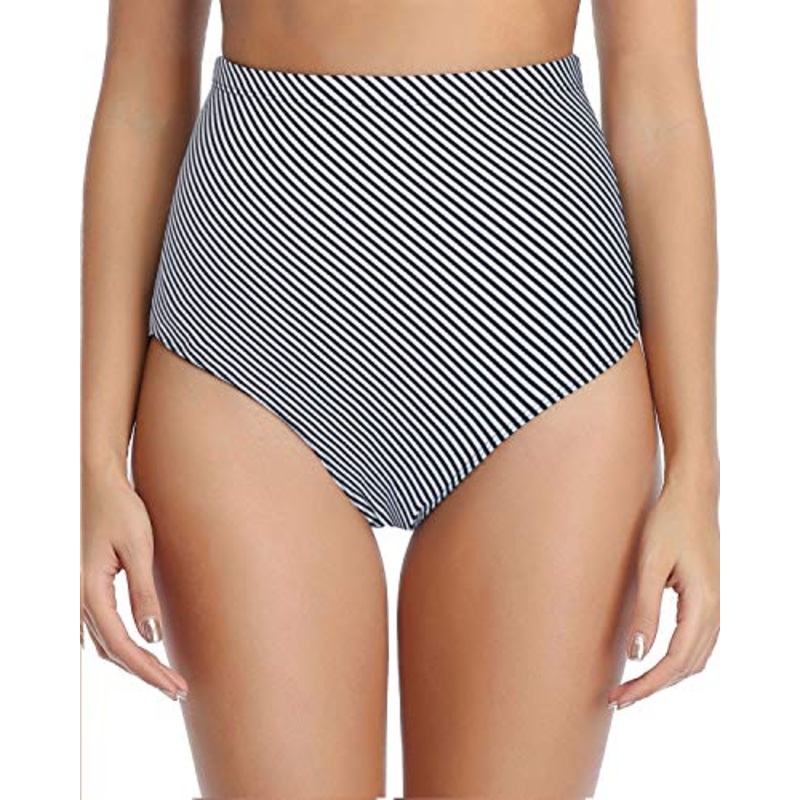 Women's Tummy Control Retro High Waisted Swimsuit Bottoms-Black And White Stripe
