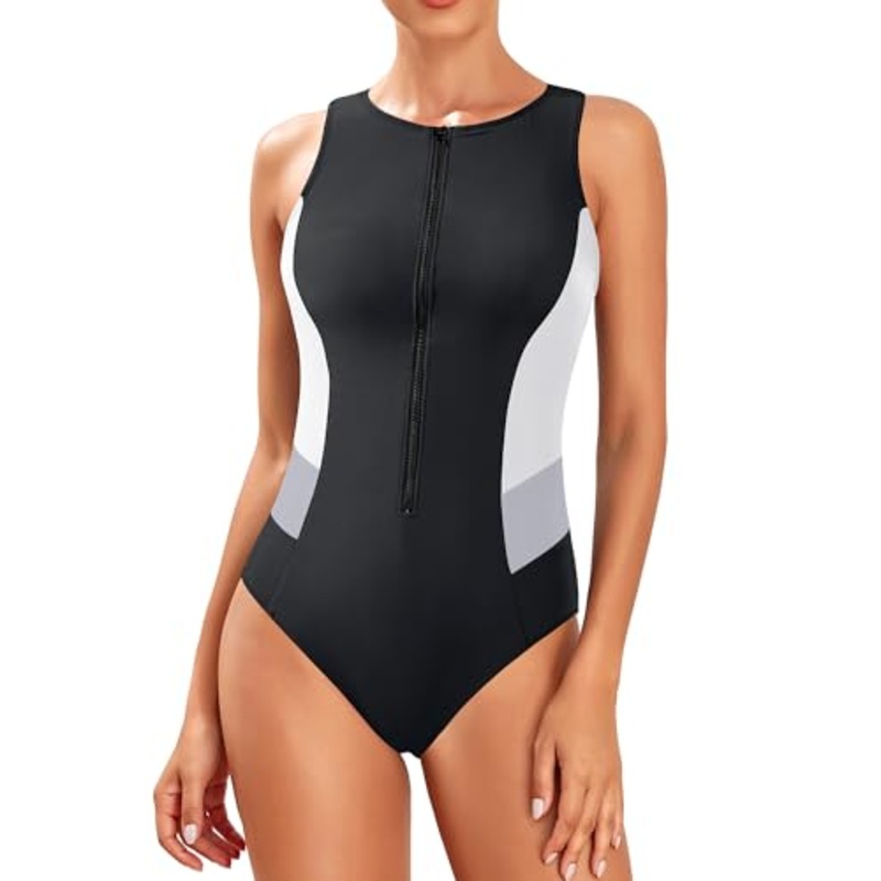 Athletic One Piece Swimsuit Zipper High Neck Bathing Suit Racerback Swimwear For Women