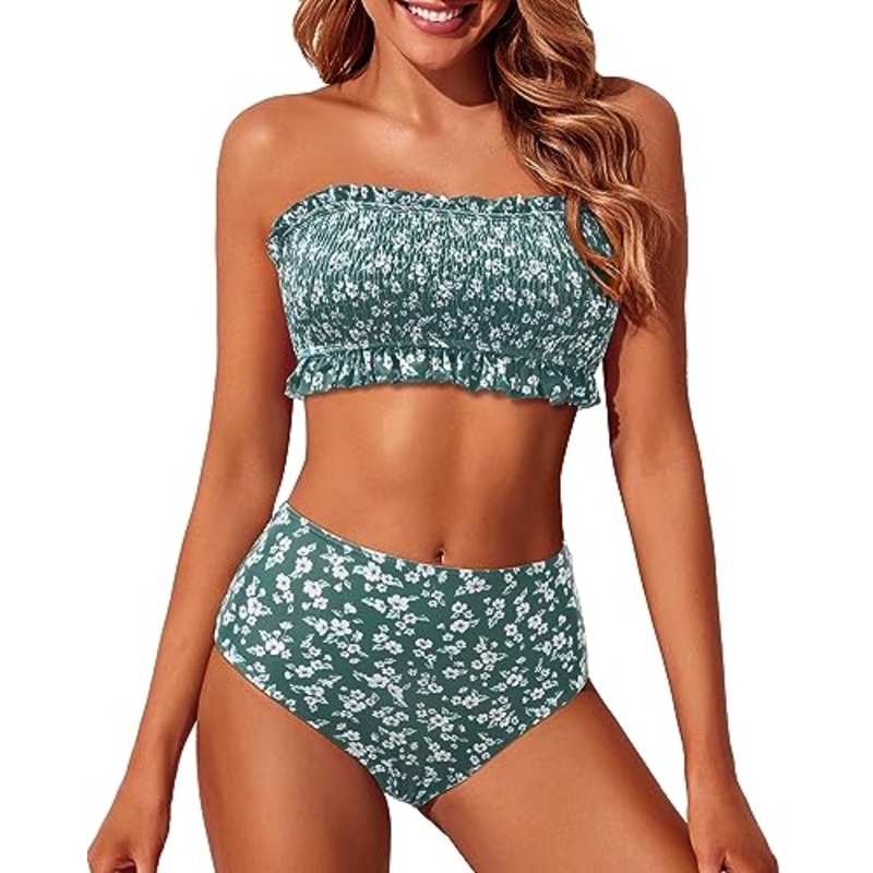 Bandeau Smocked Top & High Waist Bikini Set