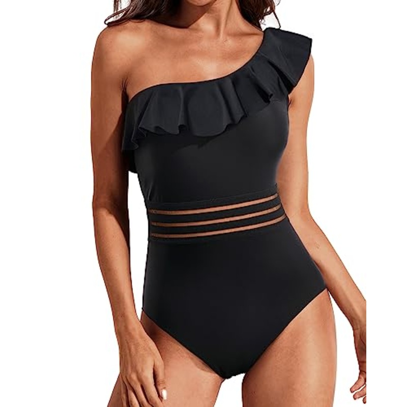 Flounce One Shoulder Tummy Control One Piece Swimsuit