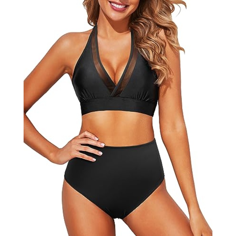 Halter Mesh V-Neck Swim Top & High Waist Two Piece Set