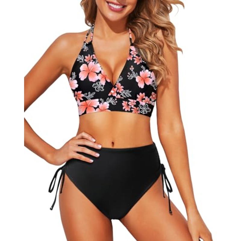 Halter V-Neck Bikini Top Drawstring Two Piece Set